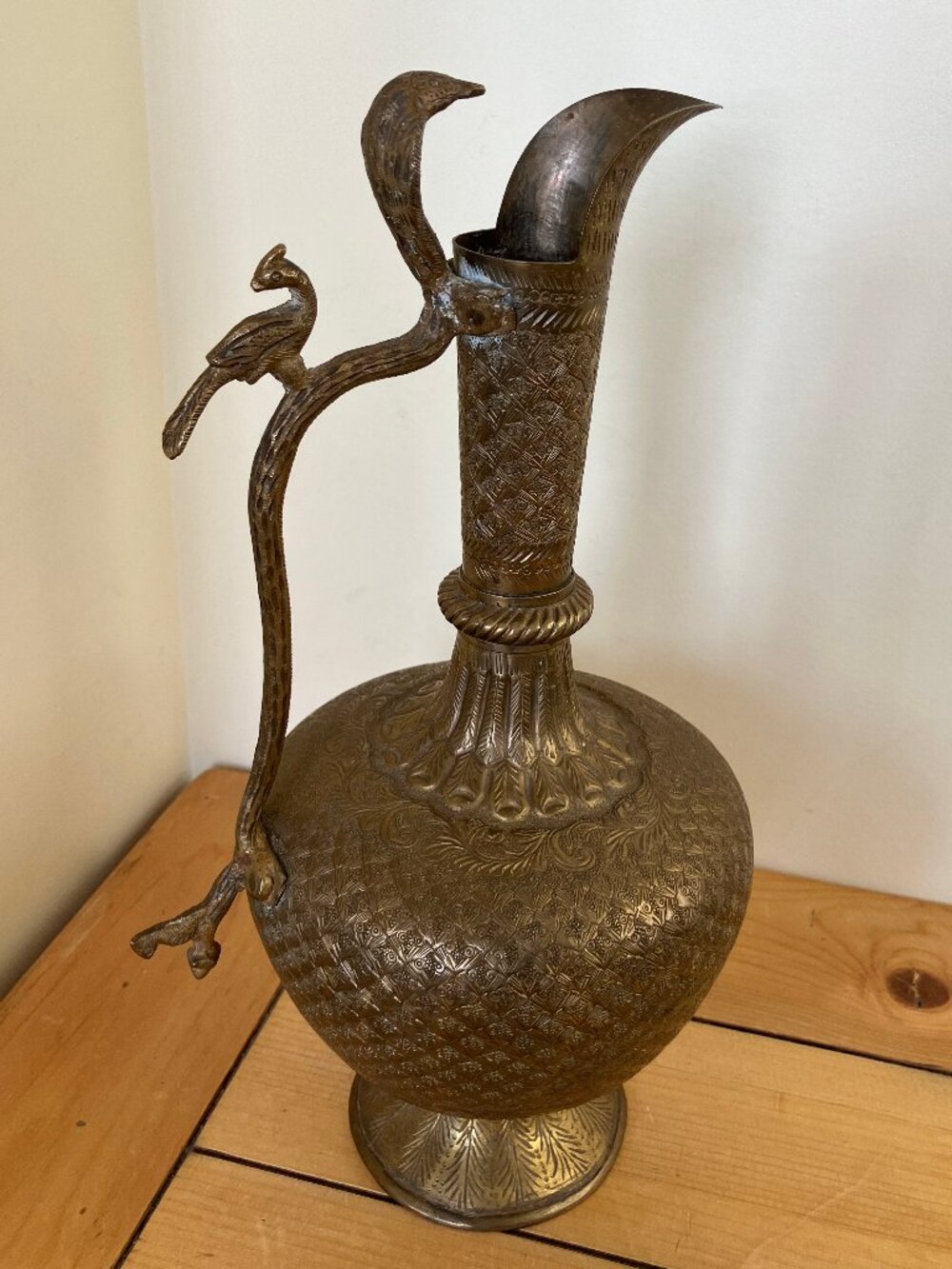 Vintage Brass Ewer Pitcher with Cobra Snake & Bird Handle Ornate Etched Design